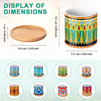 Zopeal 8 Pcs 3 Inch Succulent Planter Pot Ceramic Cactus Pots with Drainage Holes and Bamboo Trays for Indoor Plants Flowers for Home Garden Mexican Party Decor