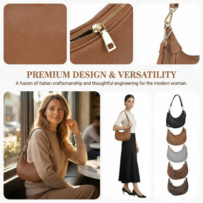 Italian Genuine Leather Crescent Hobo Bag for Women, Small Shoulder Crossbody Purse, Handbag with 2 Straps for Work Travel