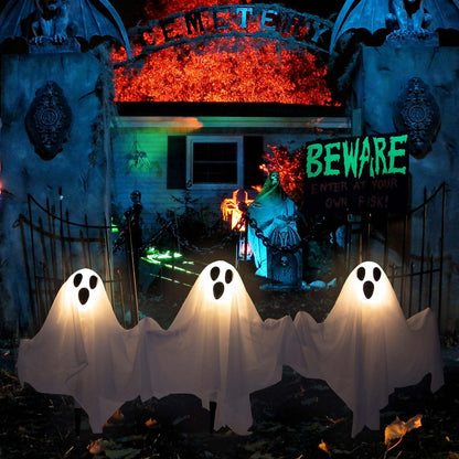 DECORLIFE 3 Packs Halloween Outdoor Decorations, White Ghost Stakes with Light up, 22" Halloween Yard Decorations with Poseable Arms for Lawn, Garden, Trick or Treating