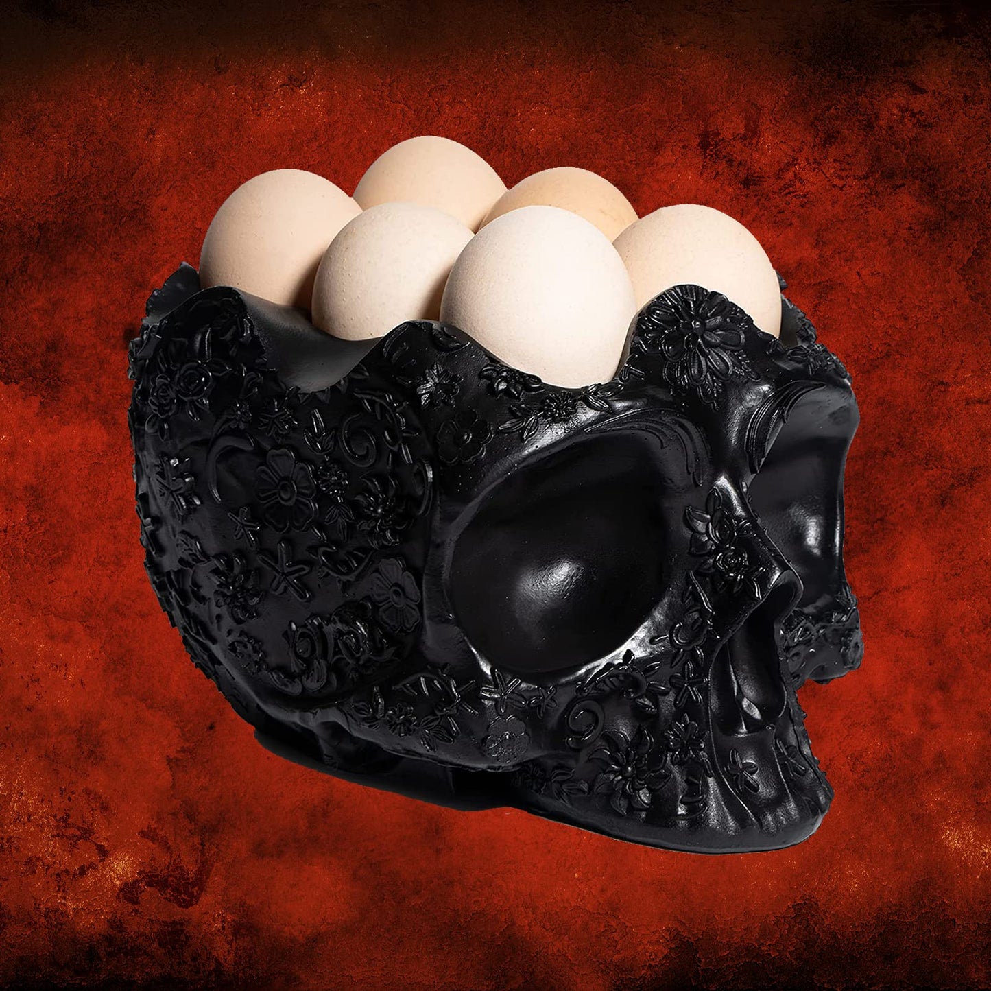 Skull Egg Holder Container Bowl 6" H Half Dozen Decorative Skeleton Egg Keeper Storage Display Organizer Tray, Gothic Kitchen Countertop Breakfast Serving Dish, Spooky Halloween Home Decor Gift Items