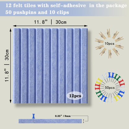 YOUDEFUL Large Cork Board Alternative-12 Pcs Self-Adhesive Felt Bulletin Board Tiles, Felt Pin Board Cork Board Tiles for Home Office Wall Decor, Tack Board 47"x35" (Light Blue