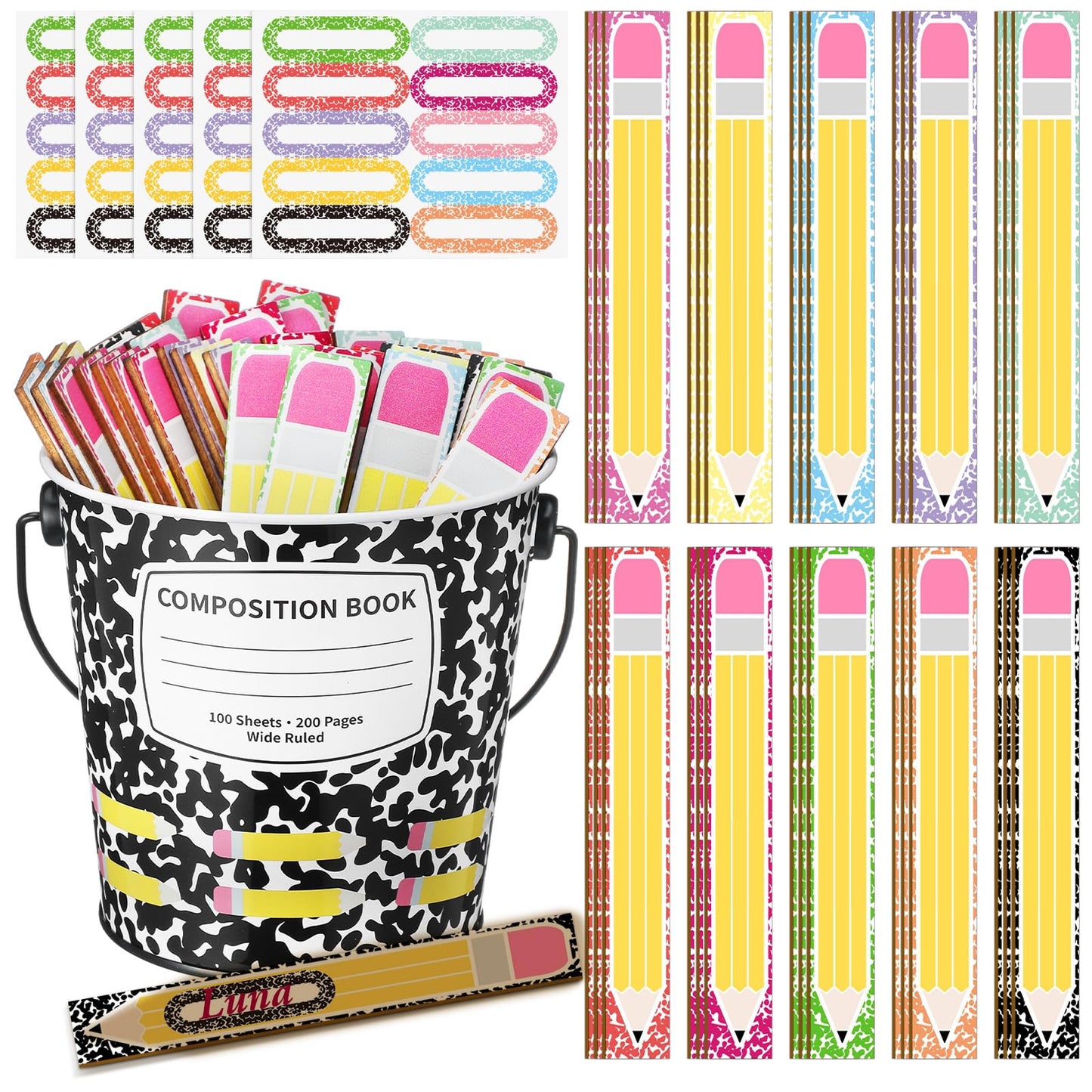 ReliThick 101 Pcs Compositoin Notebook Flip Name Sticks with Metal Buckets Back to School Talking Sticks with Metal Holder Set for Classroom Management Tool Teacher Essentials Educational Activities