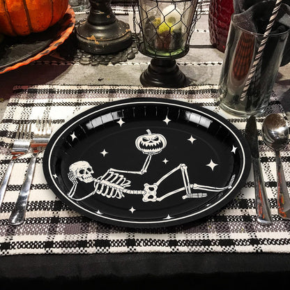 JarThenaAMCS 50Pcs Halloween Oval Paper Plates 10" x 12" Large Black White Skeleton Pumpkin Disposable Plates Spooky Platters for Halloween Holiday Party Tableware Supplies
