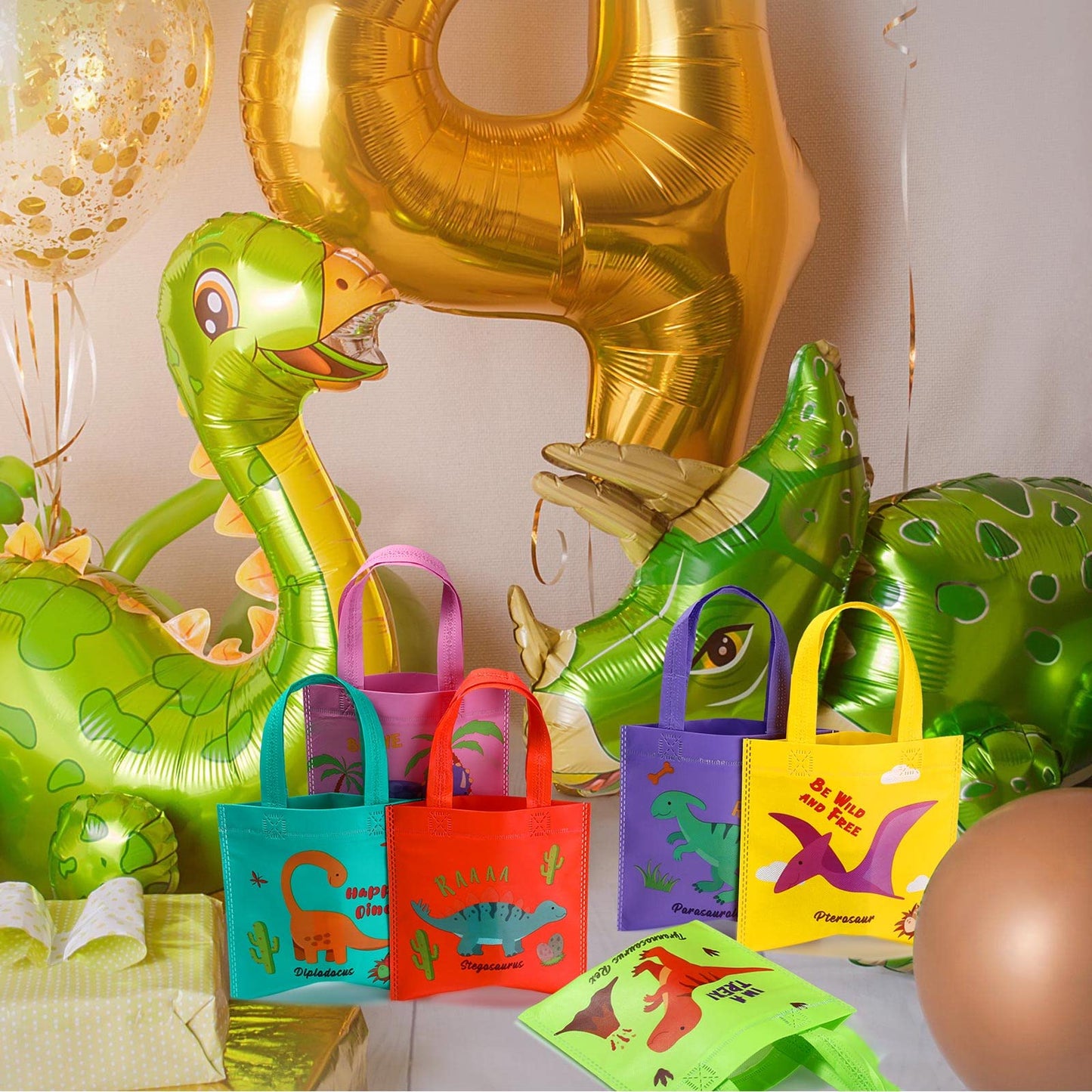 Tallew 24 Pieces Dinosaur Party Favor Bags Dinosaur Birthday Party Supplies Dino Goodie Treat Candy Gift Bags Non Woven with Handles Reusable for Birthday Decorations