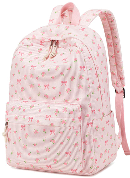 BTOOP School Backpack for Girls Teens Large Corduroy Bookbag Lightweight Casual High School College Backpacks 17 inch Laptop Travel Bag (Pink Bow Floral-1)