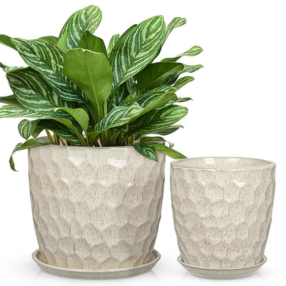 Hollyone White Ceramic Pot for Plants Flowers Ceramic Planter with Drainage Hole and Saucers 8 + 6.5 Inch Set of 2 Glaze Round Flower Plant Pot for Indoor Outdoor Large Succulent Orchid Flower Pot