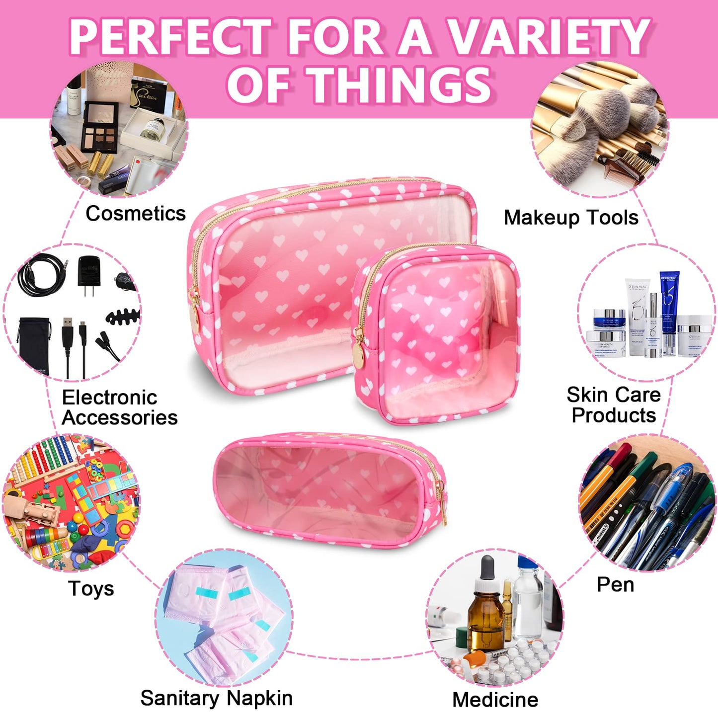 UIXIZQ Clear Mini Makeup Bag for Purse, Small Nylon&PVC Cosmetic Travel Bag TSA Approved Toiletry Bag with Zipper, Preppy Transparent Makeup Travel Bag Coin Purse for Women Men Girls(Mini-Pink Heart)