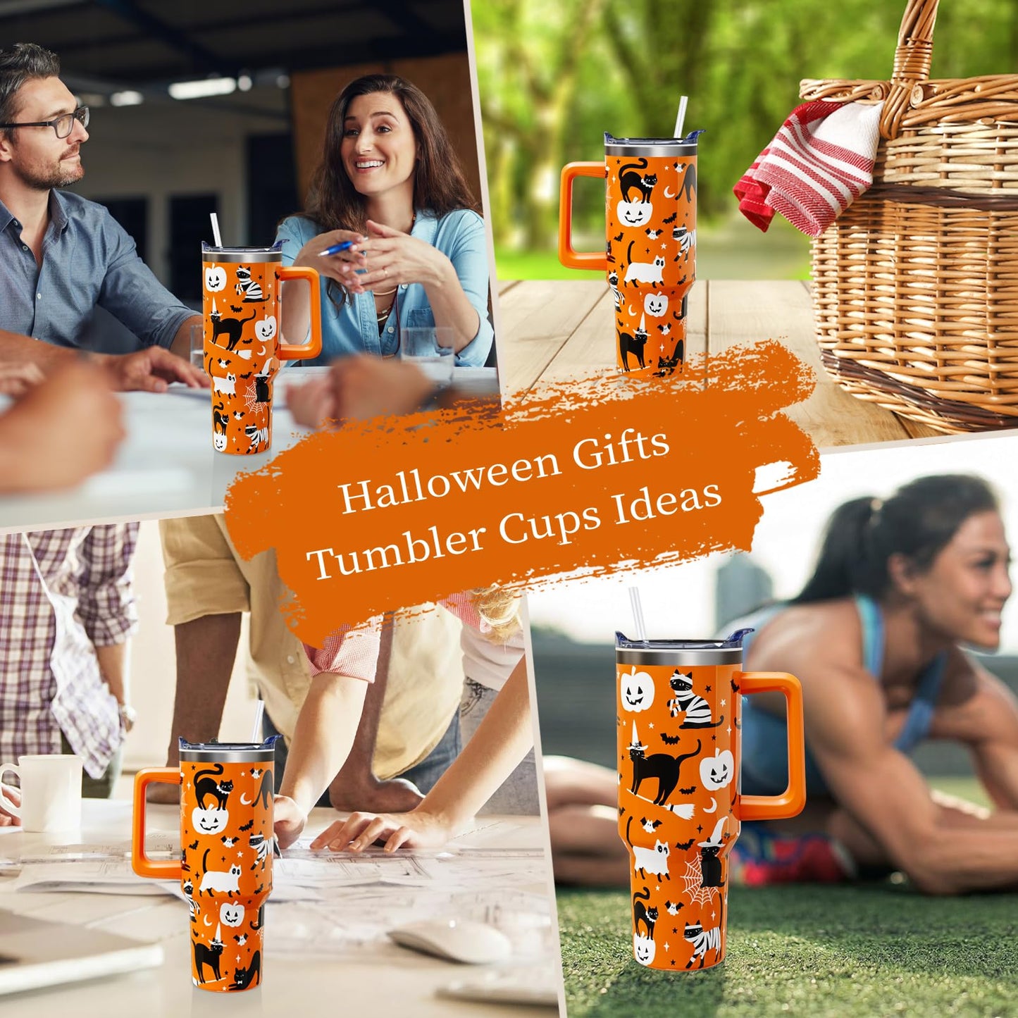 Aokoyi Halloween Cat 40 Oz Tumbler With Handle and Straw, Cute Black Cats Stainless Steel Insulated Cup Water Bottle, Spooky Holiday Gifts for Women Men (1PC)