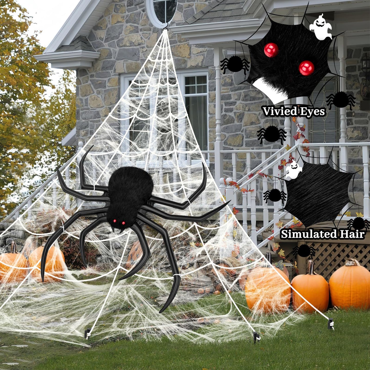 Halloween Decorations Spider Web, 40'' Inflatables Giant Spider + 200'' Triangular Giant Spider Web + 20G Spider Web, Scary Hairy Fake Halloween Spiders Props for Indoor Outdoor Party Halloween Yard.