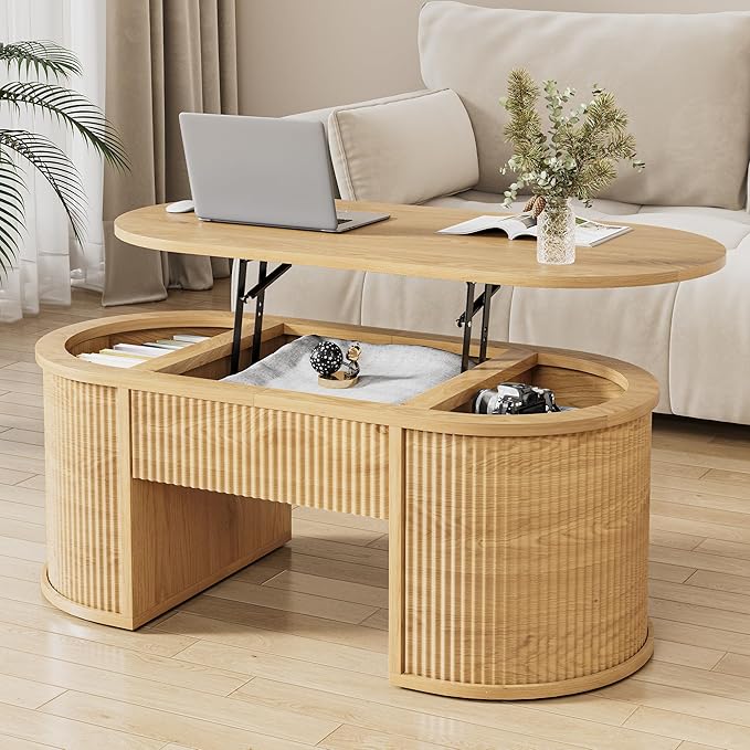 Fluted Lift Top Coffee Table with Storage, Oval Living Room Center Table with Hidden Compartment, Modern Mid-Century Wood Coffee Table for Small Spaces, Home Office, Natural