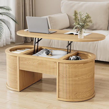 Fluted Lift Top Coffee Table with Storage, Oval Living Room Center Table with Hidden Compartment, Modern Mid-Century Wood Coffee Table for Small Spaces, Home Office, Natural