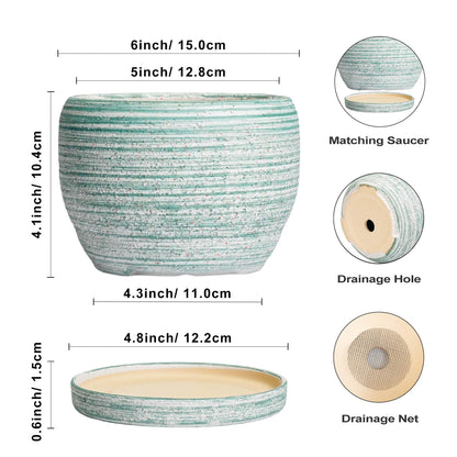 SQOWL Ceramic Plant Pots - 6 Inch Planter with Drainage Hole and Tray, Round Flower Pot for Indoor Plants, Decorative Succulent Planter Outdoor, Home House Decor, Gifts for Women Men, Green