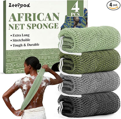 African Net Sponge Authentic-4 Packs African Exfoliating Net Sponge,Bath Sponges for Shower,42 inch Long for Normal to Sensitive Skin,Body Exfoliator Shower(Green,Olive Green,Light Gray,Black)