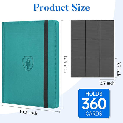 Premium 9 Pocket Card Binder for 360 Cards, Fabmaker PU Cover Trading Card Binder, Sturdy Card Collection Album, Sleek Card Holder Folders for Game Cards & Sports Cards, Turquoise