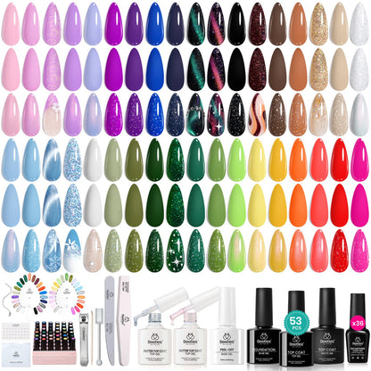 Beetles Gel Nail Polish Kit with U V Light - 80Pcs Fall Nail Fest Color Enchantment 55 Colors Gel Polish Starter Kit with Base Top Coat DIY Nails Stickers Manicure Tools Gift for Women Teens Girls