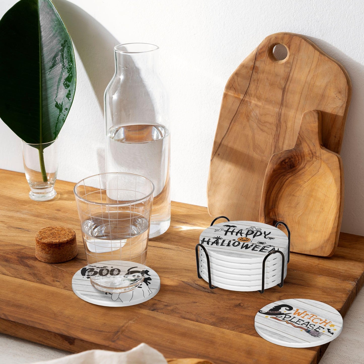 Coaster for Coffee Table Halloween Absorbent Coasters Set - Spooky, Decorative Drink Coasters for Home, Office, and Parties - 6-Pack with Holder Wooden Background