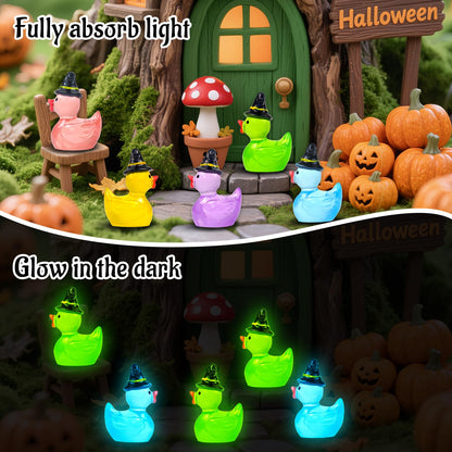 Feivando 50 Pcs Halloween Luminous Mini Resin Ducks Glow in The Dark Tiny Little Duck Figures with Witch Hat Miniature Figurines for Halloween Crafts Micro Landscape Fairy Garden Party Decor