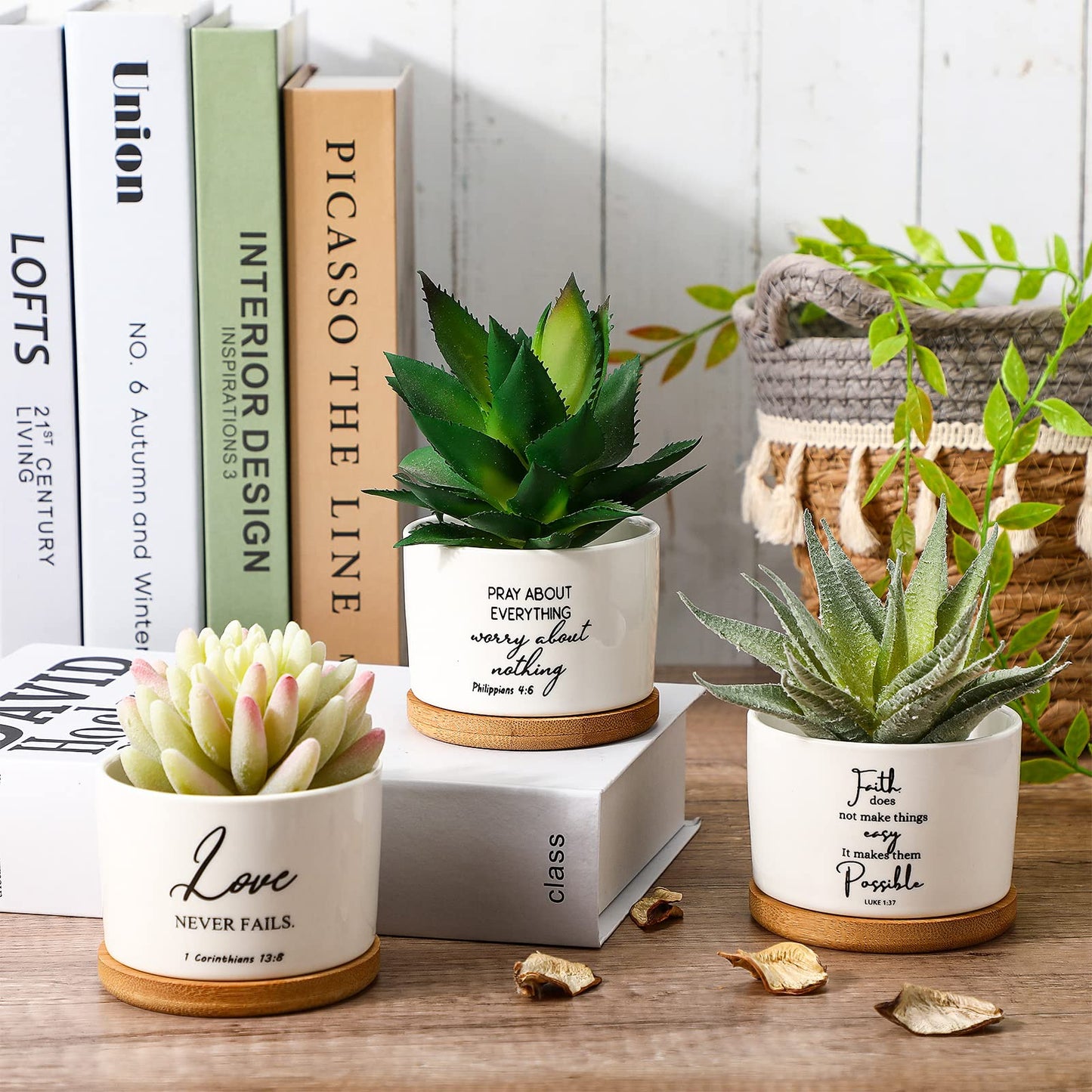 Sieral 6 Pcs Bible Verse Succulent Pots White Ceramic Flower Planter with Bamboo Tray Small Pots Christian Gift Succulent Planters for Patio Garden 3 x 3 x 2 Inch, Plants Not Included(Bible Style)