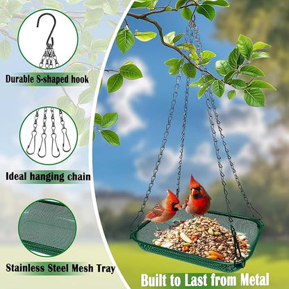 Hanging Bird Feeder for Outdoors – 12 x 8 in Rectangular Platform Bird Feeder, Metal Mesh Seed Tray for Wild Birds, Green