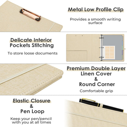 EYROZILL 3 Ring Binder 2 Inch, Binder for Letter Size (11" x 8.5") with 5 Tab Dividers, File Folder Labels and Low Profile Clipboards, Apricot