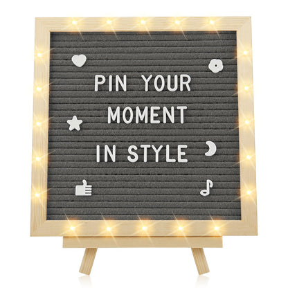 Felt Letter Board with LED Lights - 10 ×10" Custom Message Board with Changeable Letters & Stand, First Day of School Sign/Graduation/Pregnancy/Baby Announcement/Wedding/Classroom Decor, Grey