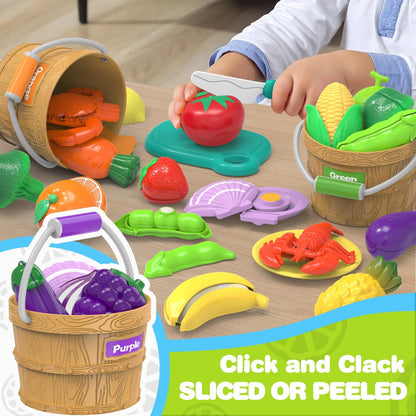 Cutting Play Food Toys for Kids, Pretend Play Kitchen Accessories, Cutting Food Sorting Toy, Fake Fruits/Vegetables Set with Shopping Storage Basket, Plastic Board and Knife, Birthday Gift