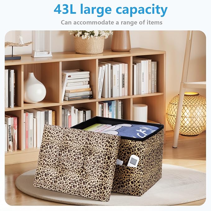 AmasSmile Storage Ottoman Folding Foot Rest Stool with Side Pocket, 17 inch Velvet Footstool Bench, Short Ottoman Bench, Storage Foot Rest Store, Blanket Chest, Leopard Print