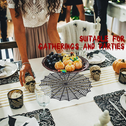 8 Pcs Halloween Spider Web Placemats- 15" Heat Insulation Halloween Placemats Spider Web Table Mats- Hollow Out Spiderweb Coasters Placemat for Dining Table Halloweens Decoration (Black)