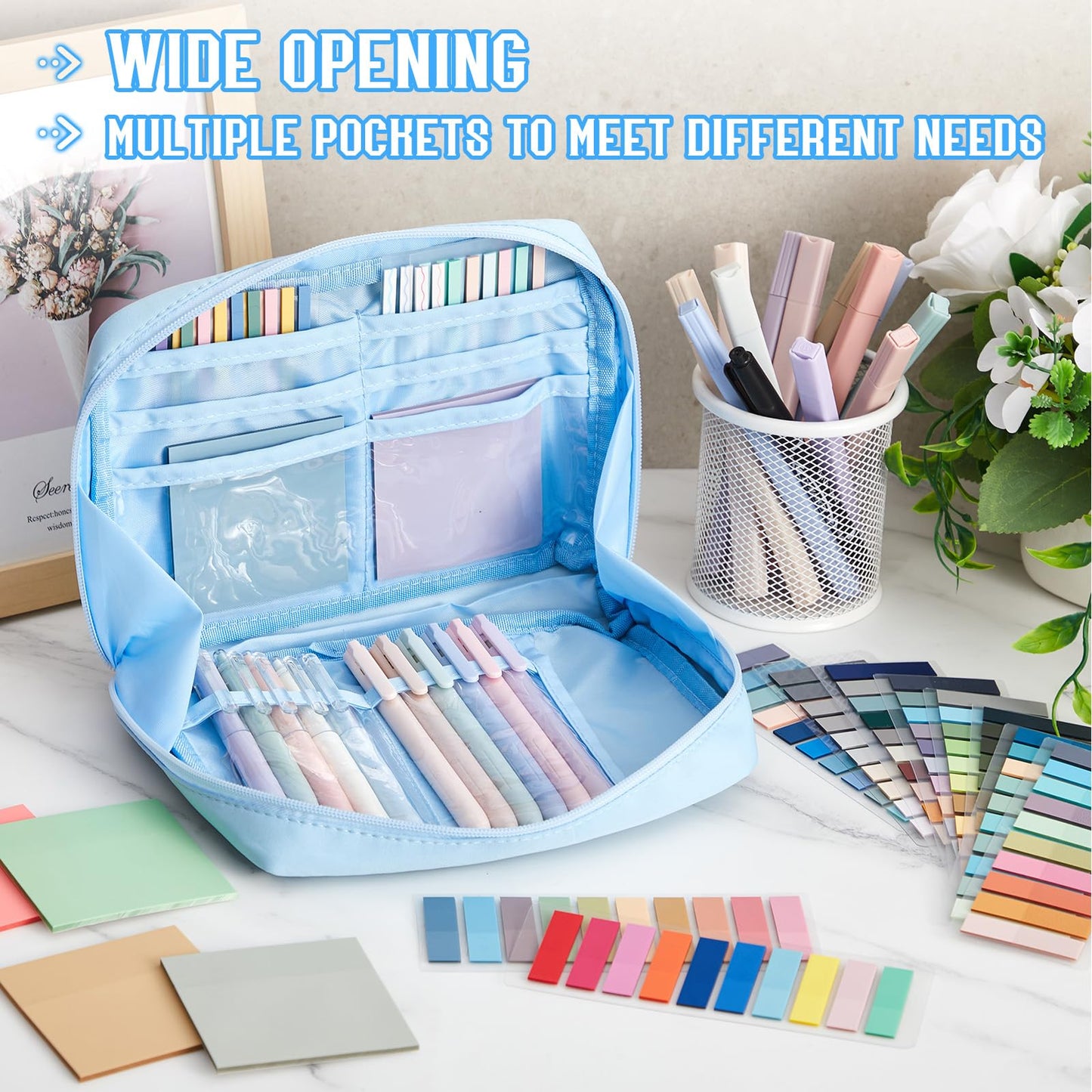 Trandraft 135 Pcs Book Annotation Kit with Pencil Case, 12 Pastel Highlighters, 11 Gel Pens, Fine Marker, 300 Transparent Sticky Notes, 2640 Index Tabs, Bible Study Supplies Kit(Kawaii,Blue)