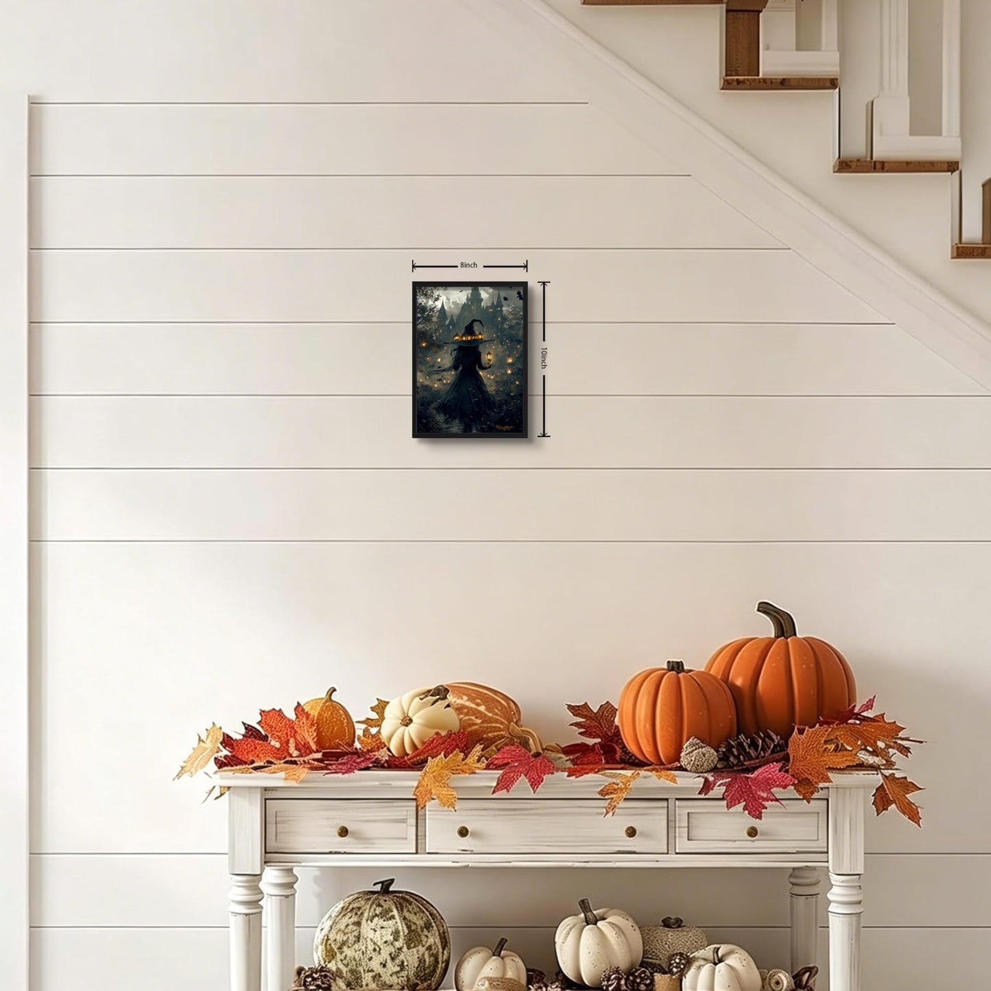 Dark Gothic Halloween Witch Canvas Wall Art, Witch Holding Lantern in Misty Forest Print, Mysterious Halloween Artwork, Whimsical Wall Decor for Living Room Bedroom Hallway, 8x10in, Black Frame