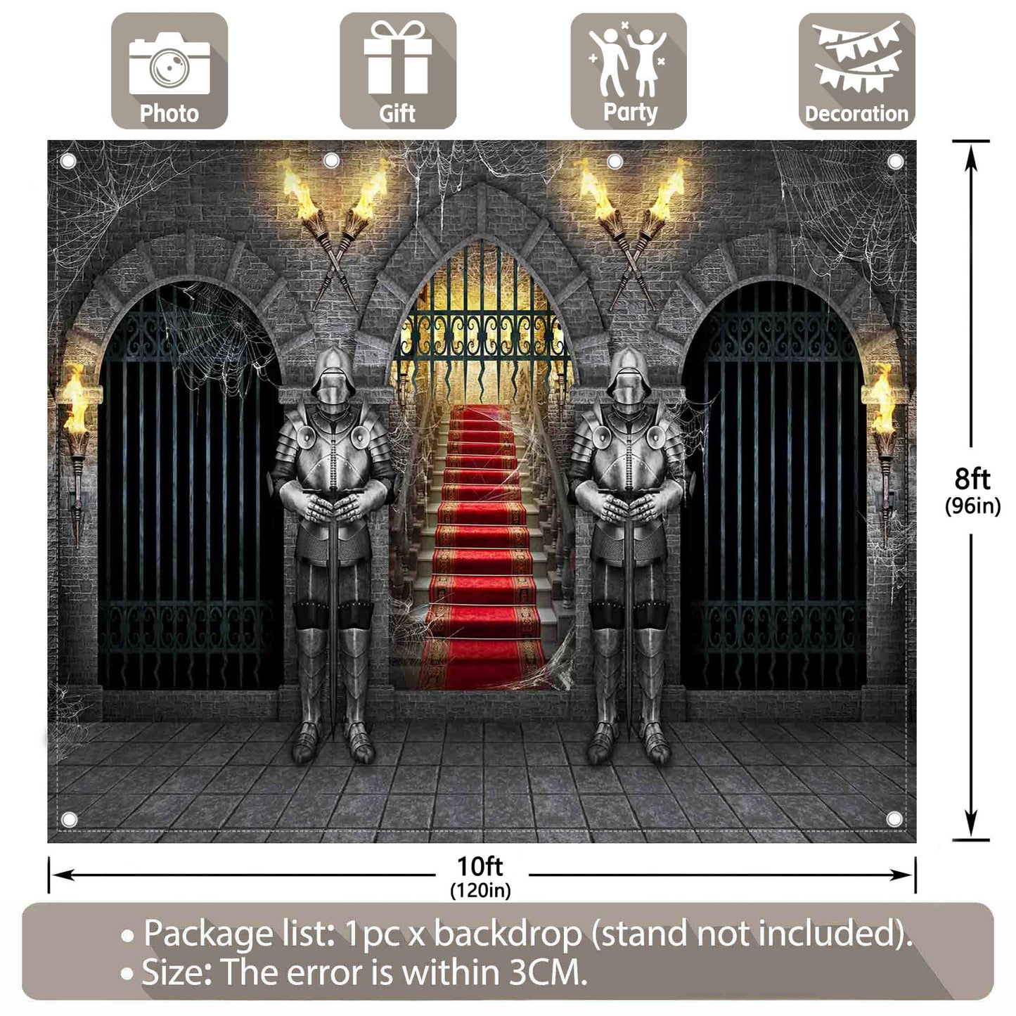 Swepuck 10x8ft Fabric Medieval Knight Photography Backdrop Castle Entrance Arches Torches Dungeon Background Halloween Night Party Decorations Photo Banner
