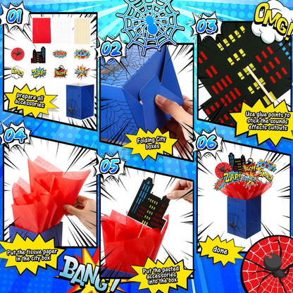 MotiMind 6 Sets 74 Pcs Spider Party Centerpieces Spider themed Party Decorations Table Toppers with Box Circus Sound Effect Cutouts and Sticks Tissue Paper for Baby Shower Birthday Decor