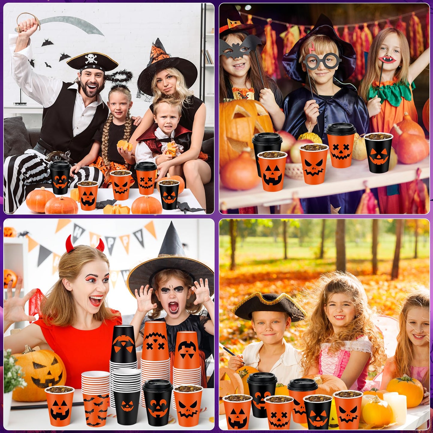 Hauwellter 100 Set Halloween Disposable Coffee Cups with Lids 12oz, Bulk Black Orange Pumpkin Disposable Party Paper Cups for Hot Chocolate Cold Drinks Halloween Birthday Party Supplies Decorations