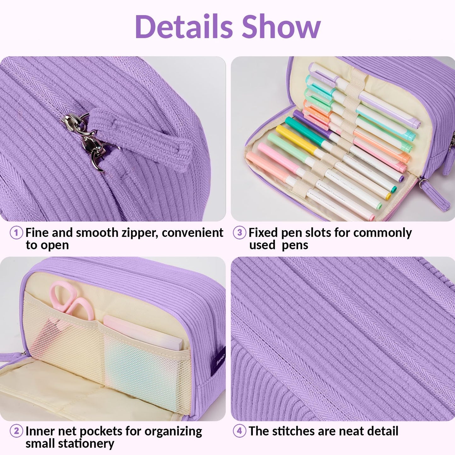 Sooez Big Capacity Pencil Case Pen Pouch, Soft Corduroy Pencil Bag with 3 Compartment, Multiple Pockets, Sturdy Zipper, Cute School Supplies Pen Bag Organizer For Teen Girls College, Purple