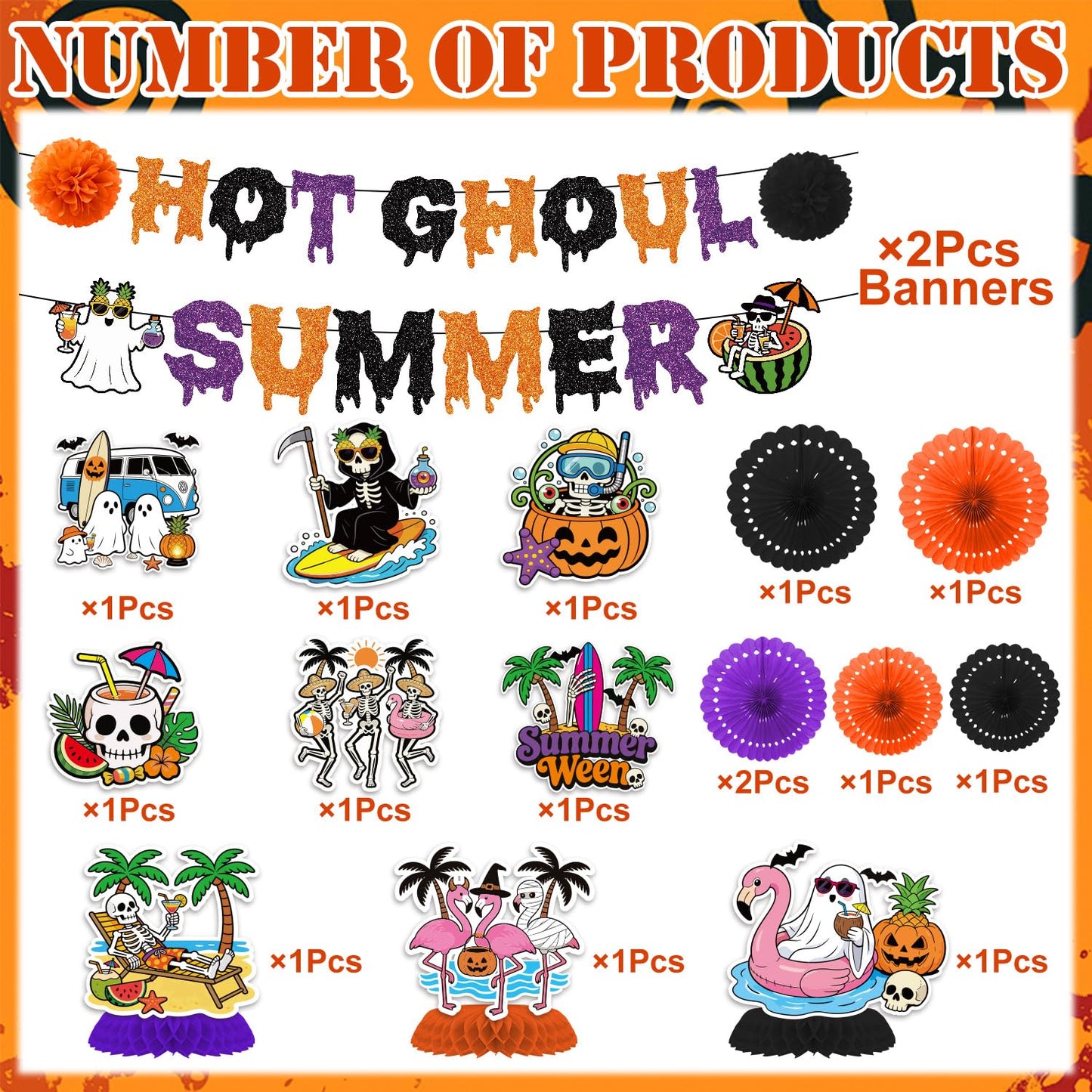 Musaeva Happy Summer Ween Party Decorations, 19PCS Summer Halloween Banners with Hanging Swirls Decorations, Hot Ghoul Paper Fans with Paper Poms Decor for Hallows' Eve Ghost Supplies