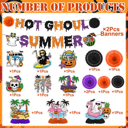 Musaeva Happy Summer Ween Party Decorations, 19PCS Summer Halloween Banners with Hanging Swirls Decorations, Hot Ghoul Paper Fans with Paper Poms Decor for Hallows' Eve Ghost Supplies
