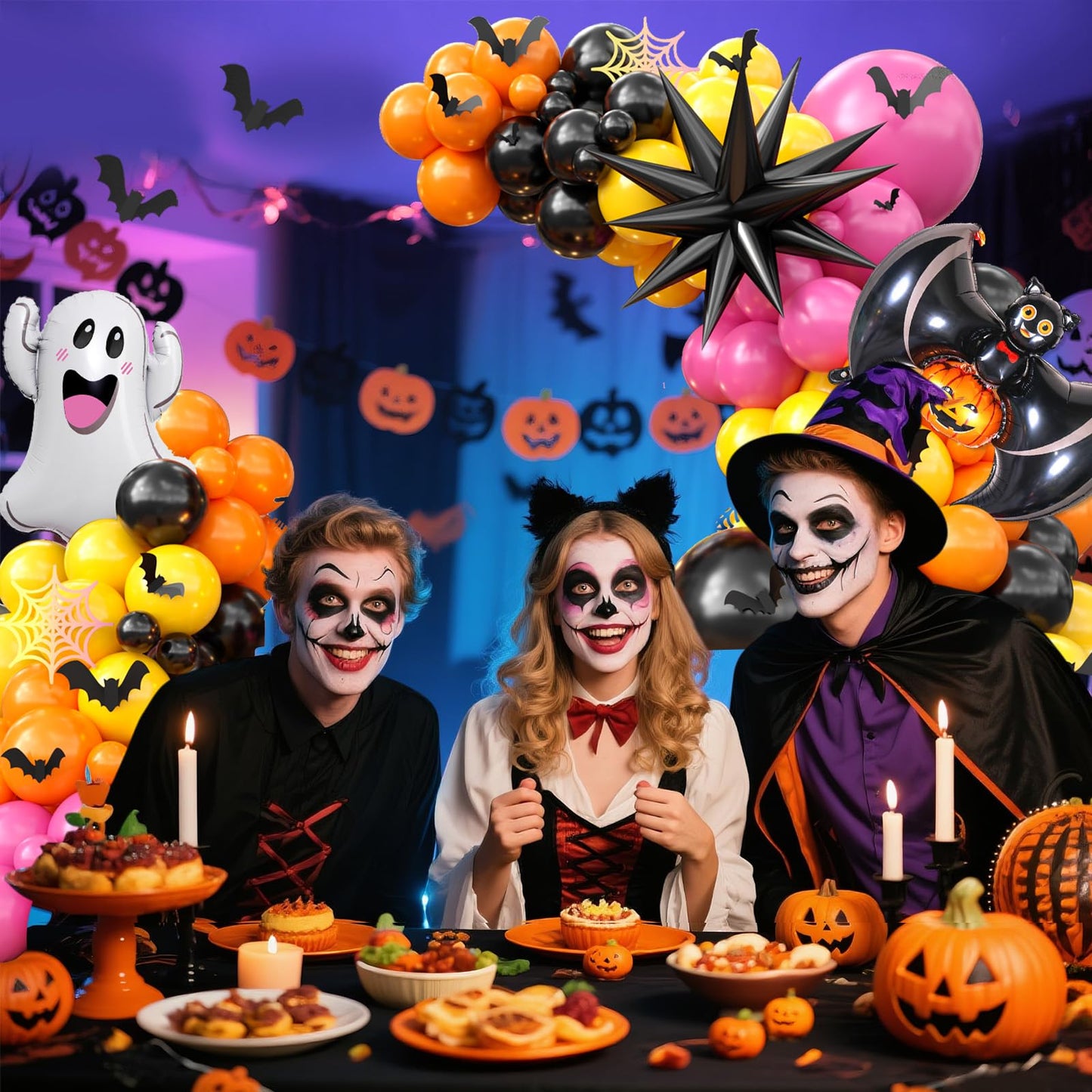 Halloween Balloon Arch Garland Kit, Halloween Party Decorations with Black Orange Hot Pink Yellow Latex Balloon Spider Ghost Foil Balloons Bat Sticker for Halloween's Baby Shower Ghost Party Supplies