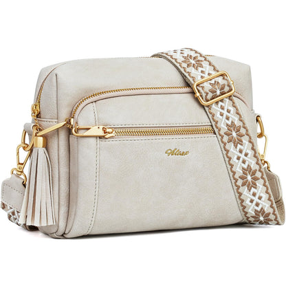 HILAEX Small Leather Crossbody Bags for Women Anti theft Purses and Handbag Shoulder Hangbag with Wide Strap Tassel Beige