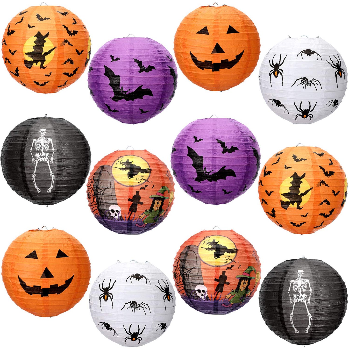 12 Pieces Halloween Paper Lanterns Jack O Lantern Pumpkin Hanging Lanterns Spider Bat Skeleton Lanterns for Halloween Indoor Outdoor Party Decoration Supplies, 8 Inches