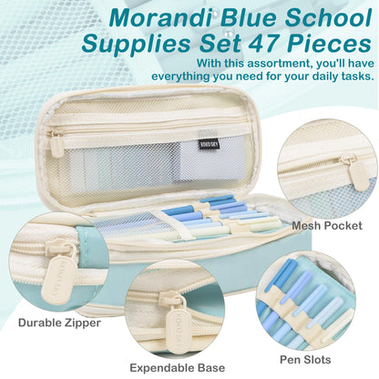 ChezAbbey 47Pcs Aesthetic School Supplies with Pencil Pouch - Cute College Essentials Set, Big Capacity Pen Case, Pastel Highlighters, Bible Study Journaling Stationary Kit (Blue)