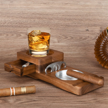 Scotte Ashtray Coaster Whiskey Glass Tray & Wooden Ash Tray with Cigar Cutter,Include Drawer and Cigar Slot Home Office Outdoor Great Cigar Accessories for Men