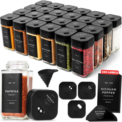 EDELHAUS Square Glass Spice Jars with Label and Black Rotating Lids (24 x 4oz) Spice Containers with 240 Labels, Shaker Inserts, Silicone Funnel, Empty Square Empty Square Seasoning Organizer