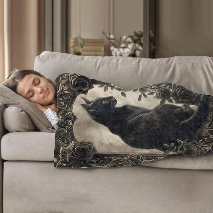 Plistiz Goth Black Cat Elegance Throw Blanket 50x60 Inch, Floral and Gothic Blankets for Unique Home Decor, Flannel Polyester, Black Cat for Cat Lovers Women