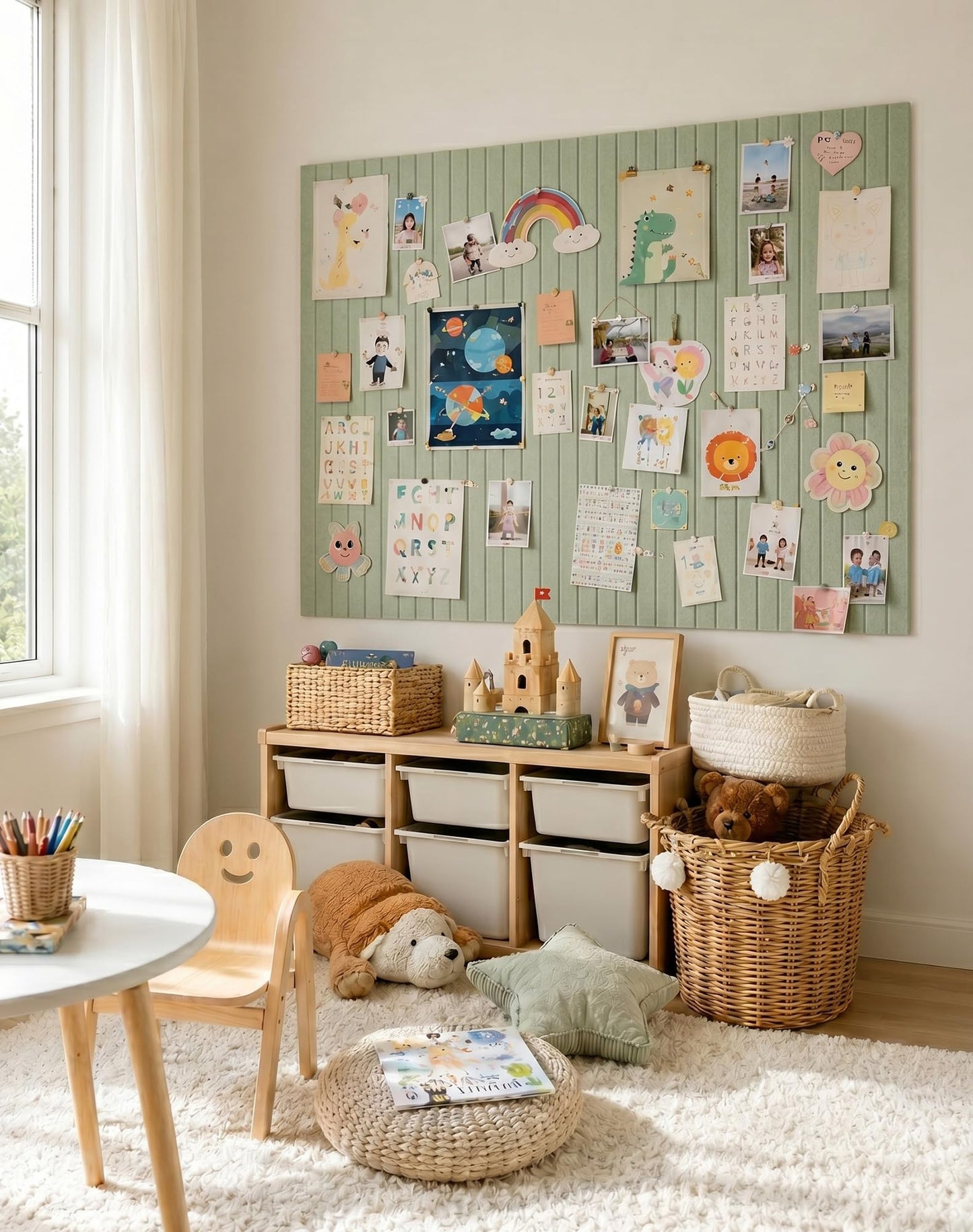 Aothia 12-Pack Felt Bulletin Board Tiles 48"x36", Modular Pin Board for Smooth Walls, Cork Board Alternative for Notes & Photos, 0.35" Thick, 70 Adhesive Tabs & 40 Pins, Sage Green