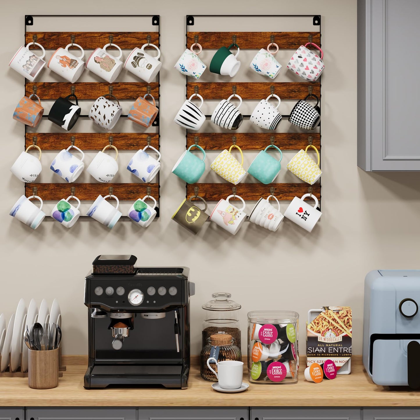 Rustic Wood Coffee Mug Rack - Wall Mount Cup Holder Shelf Storage for Kitchen, Home, Bar, Office (4 Pack, Holds 32 Mugs)
