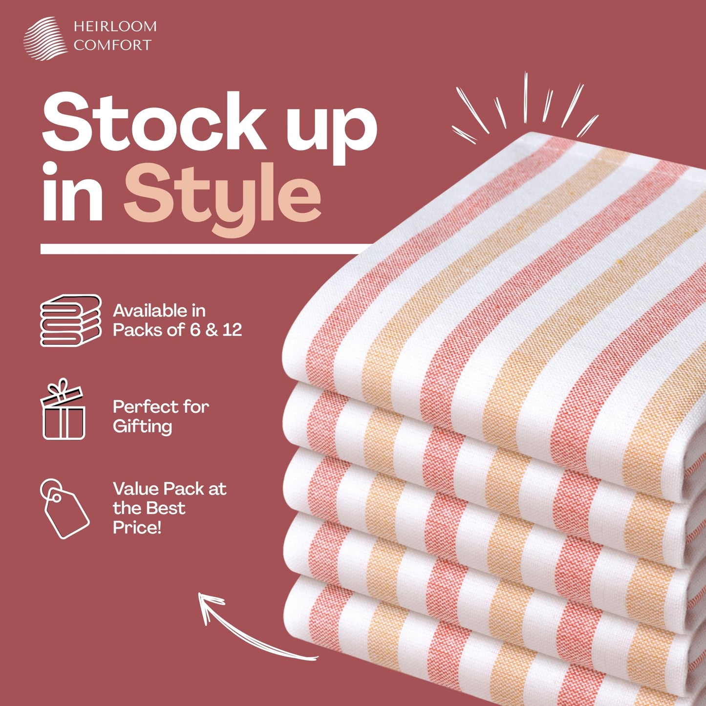 HEIRLOOM COMFORT Fiesta Stripe 100% Cotton Cloth Napkins Set of 6, Large 18x18 Inch, Colorful, Washable, Reusable & Durable Fabric for Dining, Events, Parties & Daily Table Use, Orange & Yellow