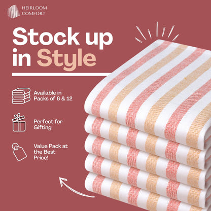 HEIRLOOM COMFORT Fiesta Stripe 100% Cotton Cloth Napkins Set of 6, Large 18x18 Inch, Colorful, Washable, Reusable & Durable Fabric for Dining, Events, Parties & Daily Table Use, Orange & Yellow
