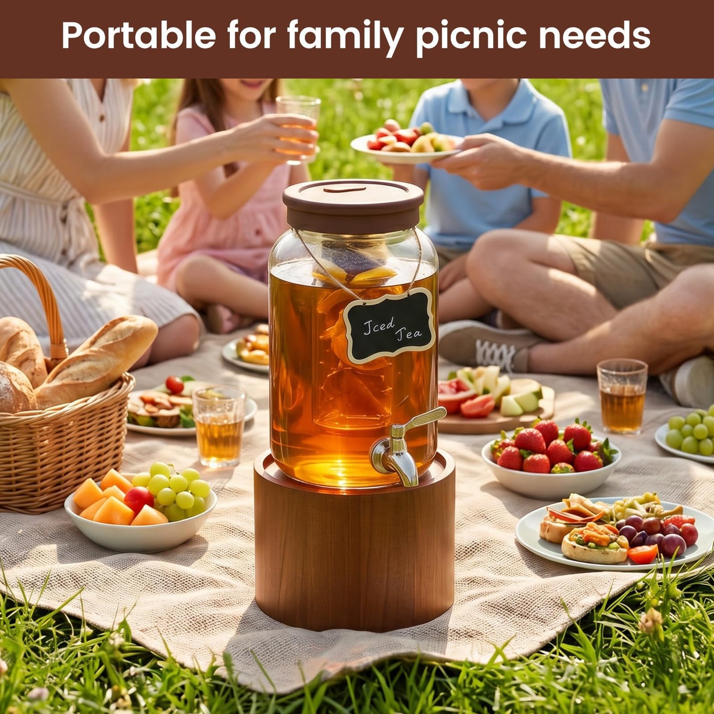 1 Gallon Glass Drink Dispenser for Parties, Beverage Dispenser with Wooden Stand, Silicone Lid and Stainless Steel Spigot, Ideal for Lemonade, Juice, Sun Tea, and Party Drinks