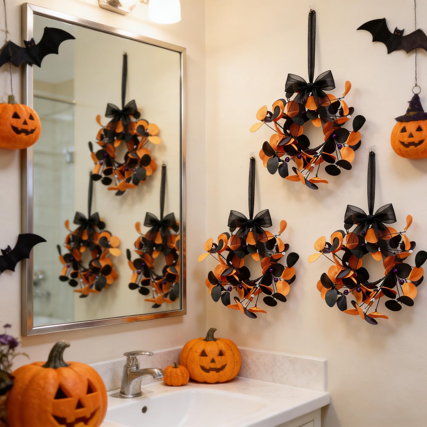 4 Pcs Small Halloween Hanging Wreaths with Artificial Orange Black Eucalyptus Leaves Dark Purple Berry Beads Gothic Mini Cabinet Wreath for Home Table Centerpieces Kitchen Halloween Party Decor