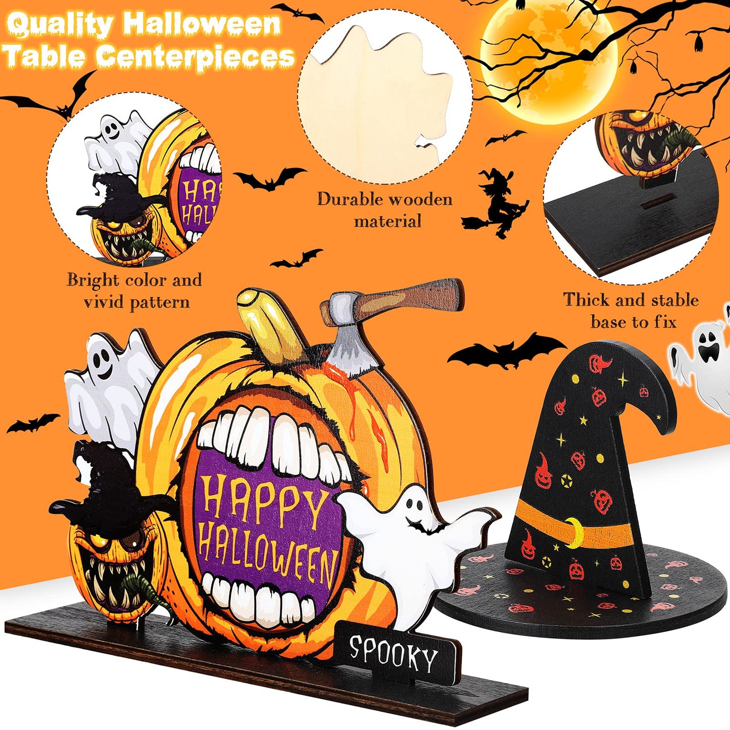 Jetec 6 Pcs Halloween Office Decorations Table Centerpiece with 5 ft Pumpkin String Light, Boo Spooky Trick or Treat Pumpkin Witch Hat Wood Table Signs for Happy Halloween Tier Tray Home Decoration
